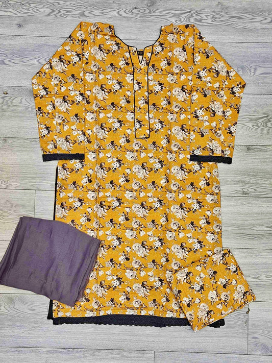 Honey mustard and brown floral print