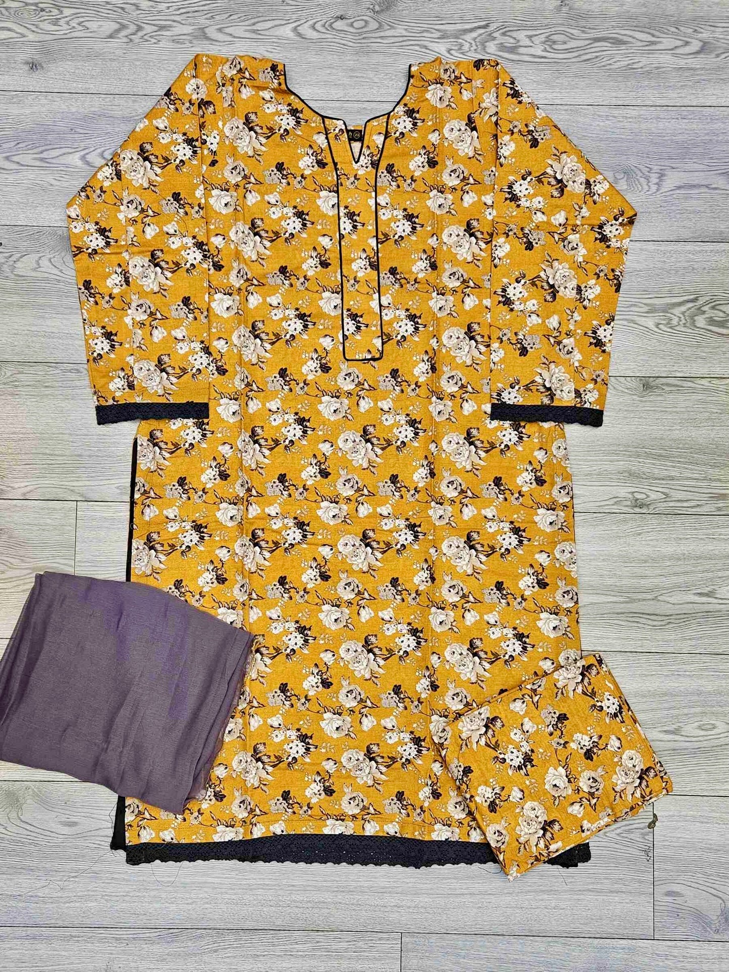 Honey mustard and brown floral print