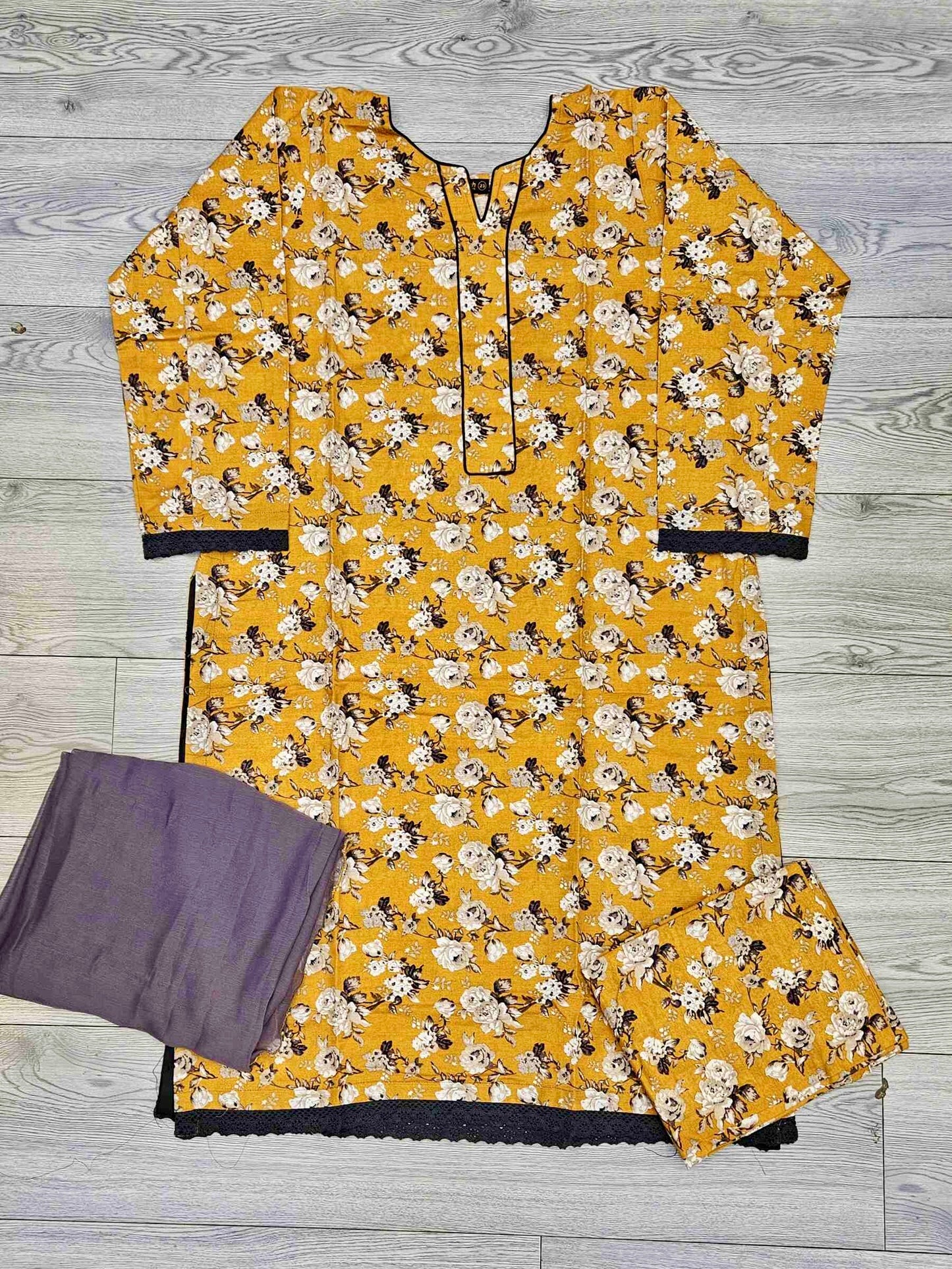 Honey mustard and brown floral print