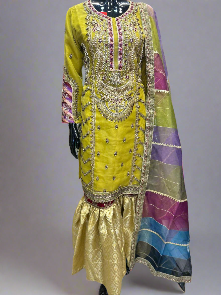 MB Mustard Colour Hand Embellished Mehndi Design Embroidered