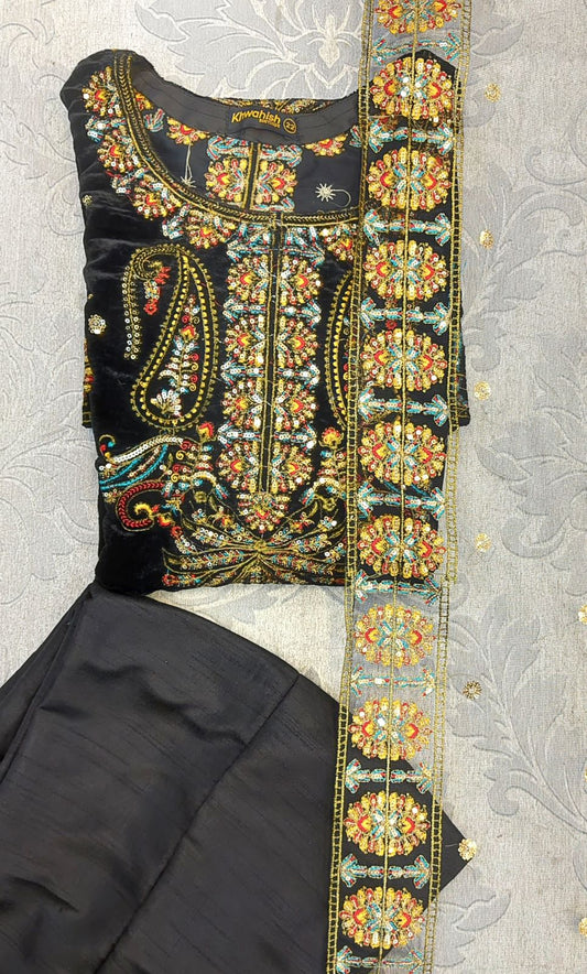 BRQ Black Velvet With Gold Embroidery Shalwar Kameez Embroidered Dupatta in Sizes (S to 7XL) - AdoreByKhwahish