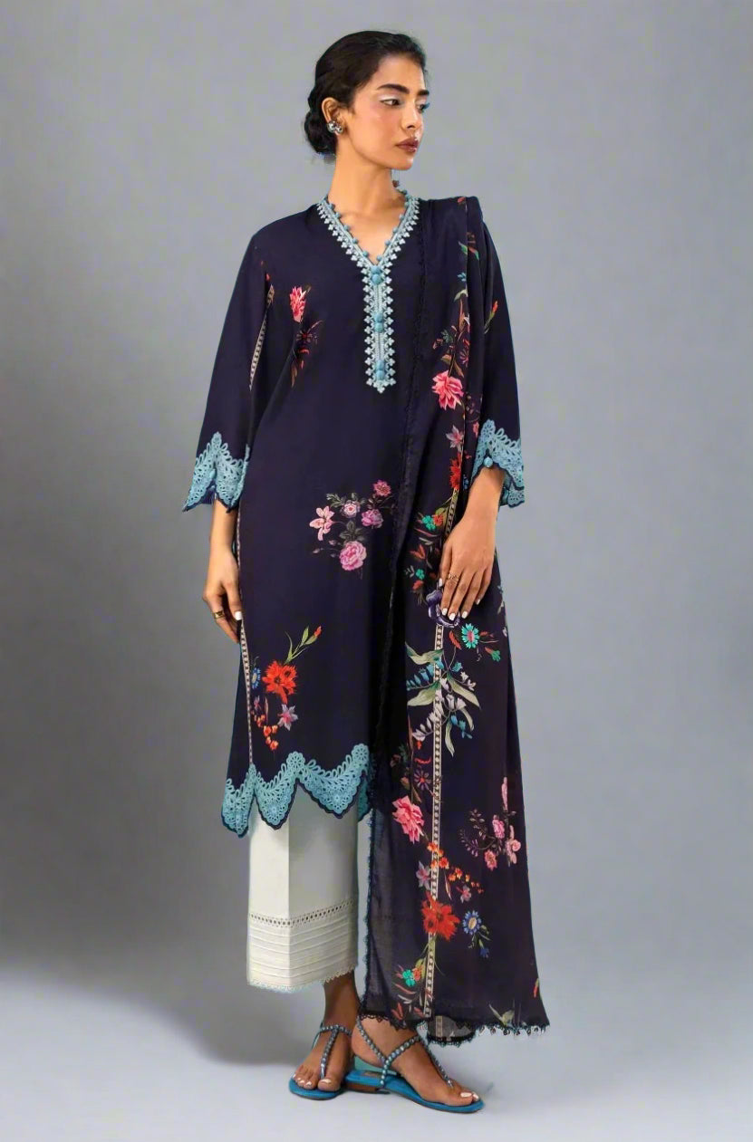 Sana Safinaz H243-12B navy blue colour digital floral print