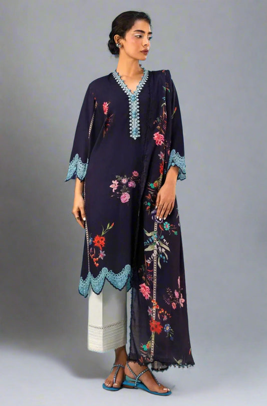 Sana Safinaz H243-12B navy blue colour digital floral print