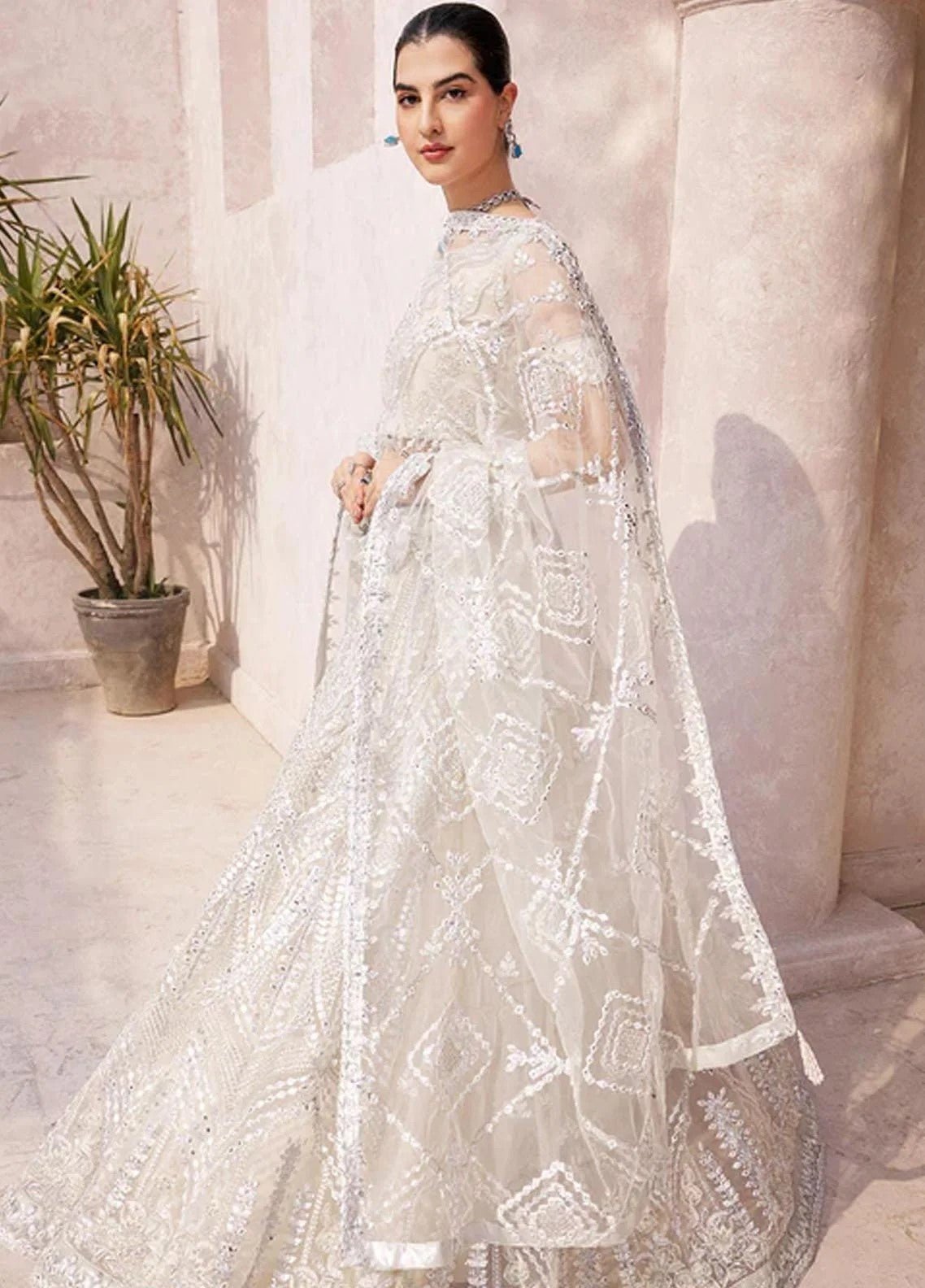 EA off white colour net handmade foil work embroidered long dress and dupatta embroidery womenswear plus size traditional dress