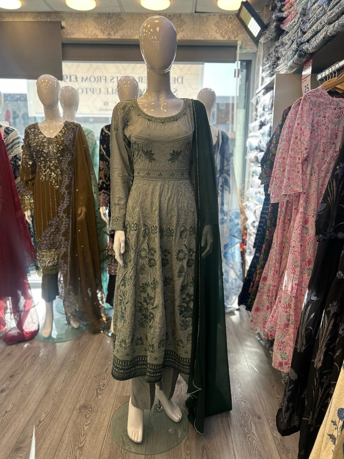 Laurel green colour all over thread and zari embroidered dress