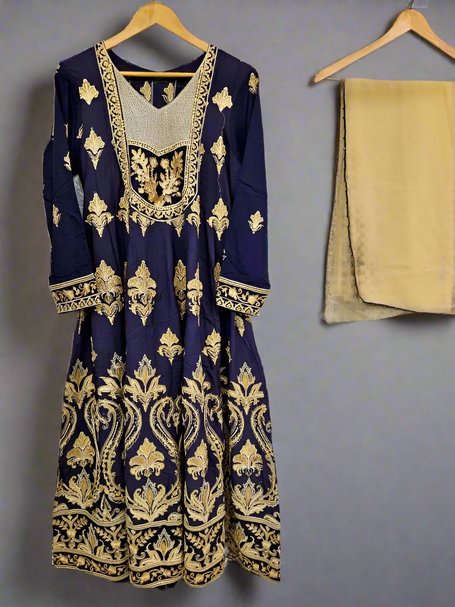 Midnight blue and dandelion yellow colour thread and sequins embroidered