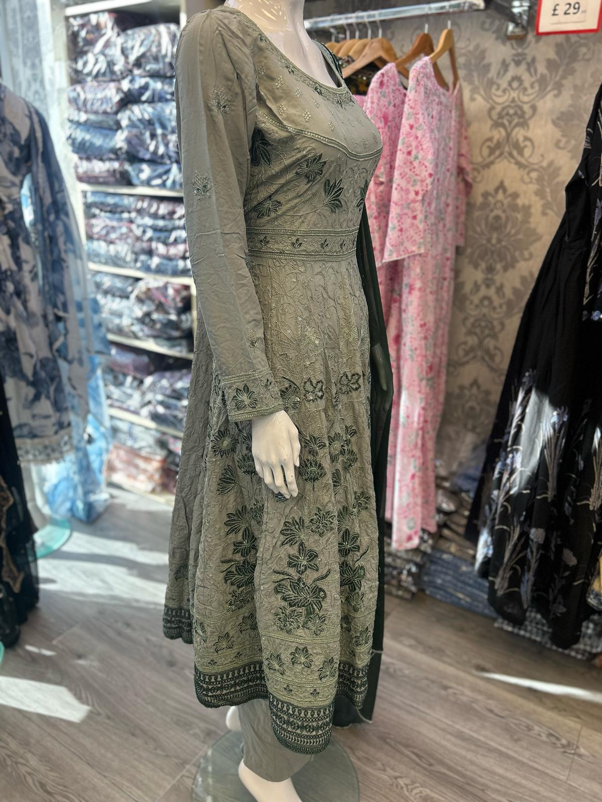 Laurel green colour all over thread and zari embroidered dress