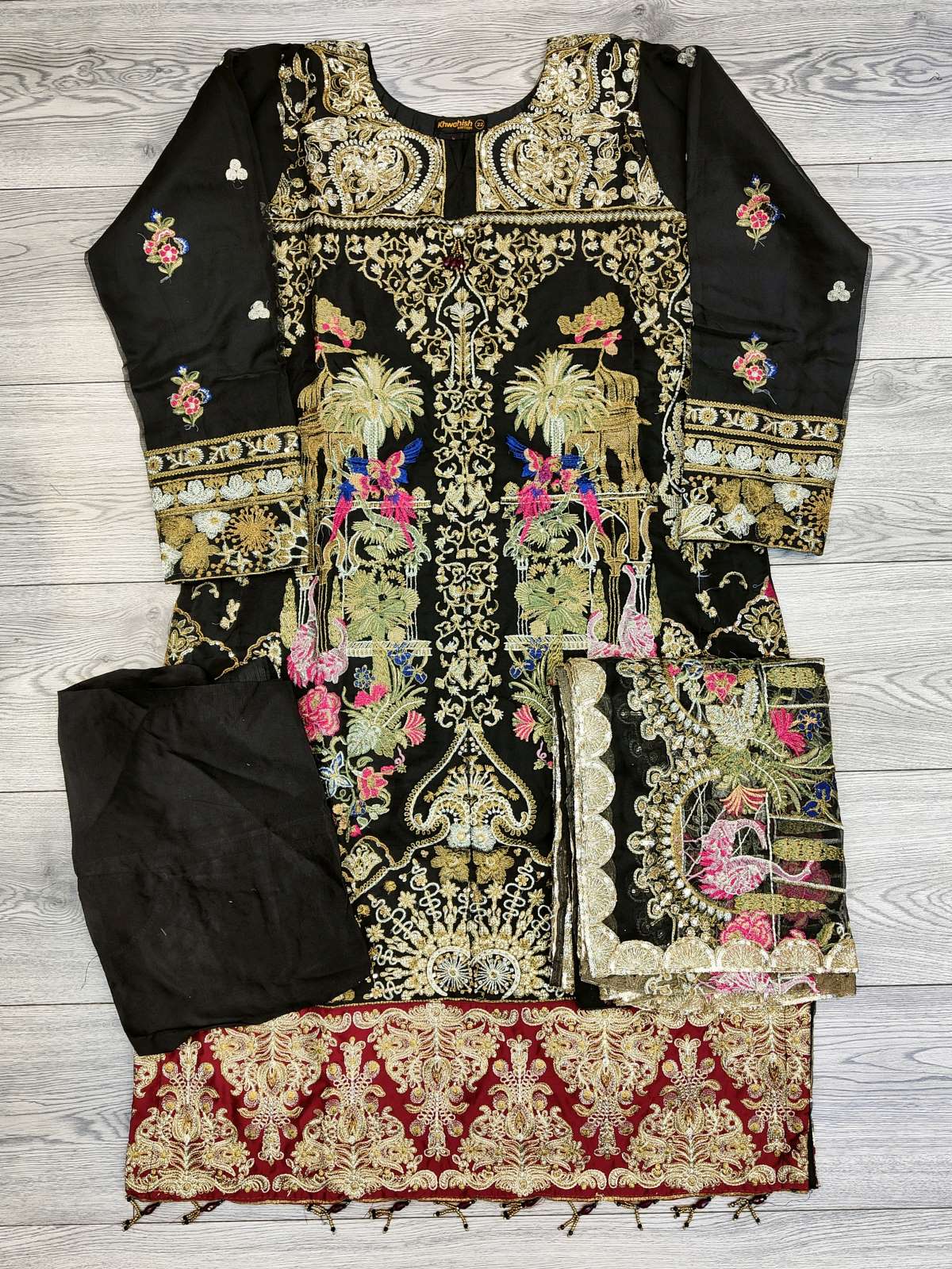 GSL black with pink and gold zari colour embroidered organza fabric shalwar kameez with embroidery dupatta in sizes (S to 7XL) womenswear traditional plus size - AdoreByKhwahish