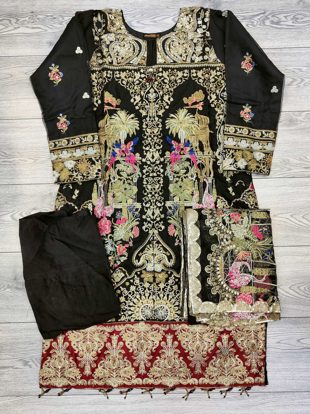 GSL black with pink and gold zari colour embroidered organza fabric shalwar kameez with embroidery dupatta in sizes (S to 7XL) womenswear traditional plus size - AdoreByKhwahish