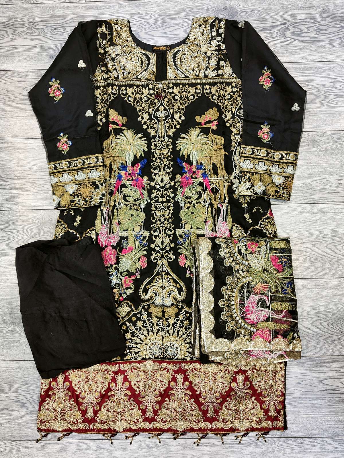 GSL black with pink and gold zari colour embroidered organza fabric shalwar kameez with embroidery dupatta in sizes (S to 7XL) womenswear traditional plus size - AdoreByKhwahish