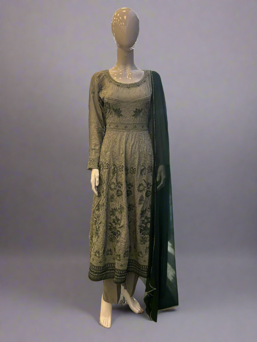 Laurel green colour all over thread and zari embroidered dress