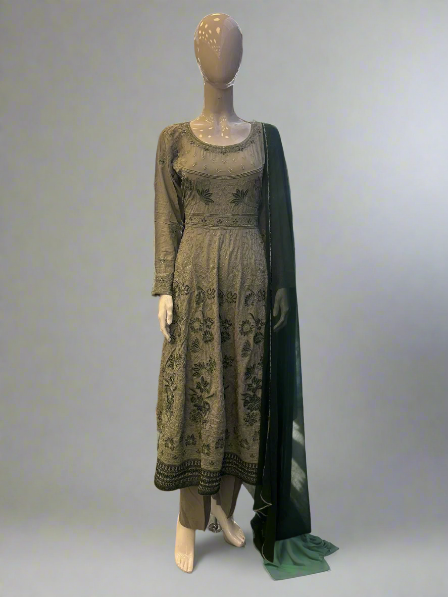 Laurel green colour all over thread and zari embroidered dress