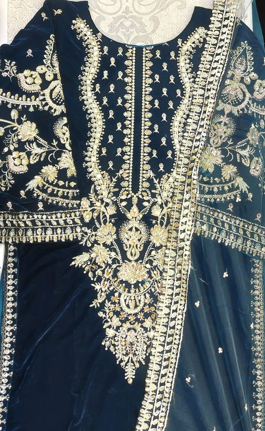 IMZ Emerald Colour Velvet with Gold Hand Embroidery Kurti (Top) Only in Sizes (S to 7XL) - AdoreByKhwahish