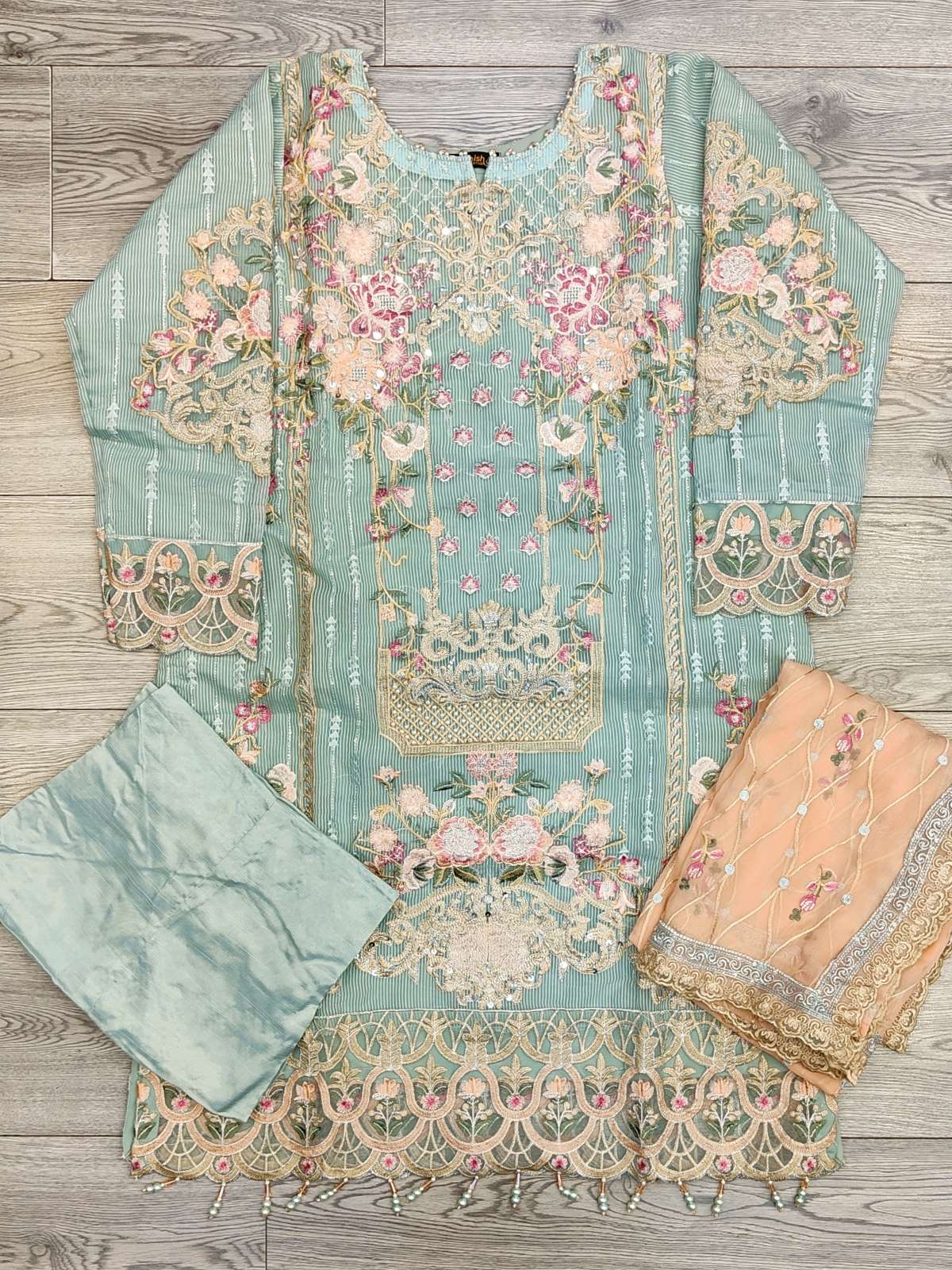 IZK Aqua Blue with Peach Colour Embellished Shalwar Kameez Organza Fabric Embroidery Dupatta in Sizes (S to 7XL) Womenswear Traditional Plus size - AdoreByKhwahish