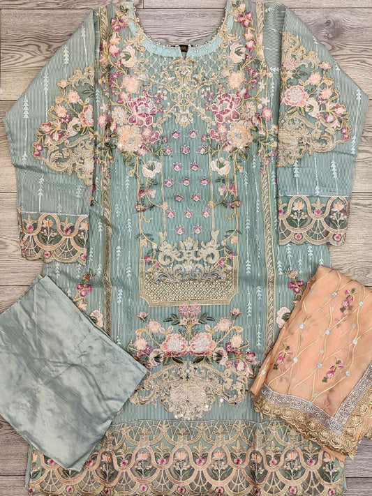 IZK Aqua Blue with Peach Colour Embellished Shalwar Kameez Organza Fabric Embroidery Dupatta in Sizes (S to 7XL) Womenswear Traditional Plus size - AdoreByKhwahish