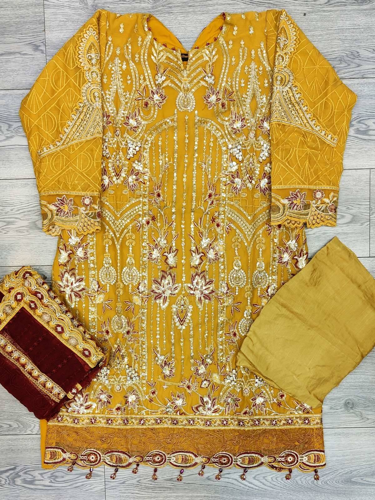 IZK mustard and burgundy colour all over embroidery in chiffon fabric embroidered dupatta in sizes (L to 3XL) womenswear traditional plus size comfort fashion clothing - AdoreByKhwahish