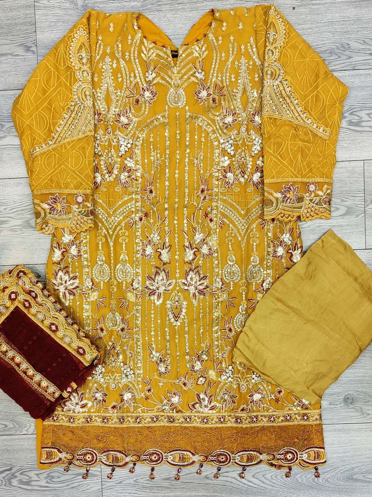 IZK mustard and burgundy colour all over embroidery in chiffon fabric embroidered dupatta in sizes (L to 3XL) womenswear traditional plus size comfort fashion clothing - AdoreByKhwahish