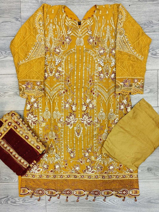 IZK mustard and burgundy colour all over embroidery in chiffon fabric embroidered dupatta in sizes (L to 3XL) womenswear traditional plus size comfort fashion clothing - AdoreByKhwahish