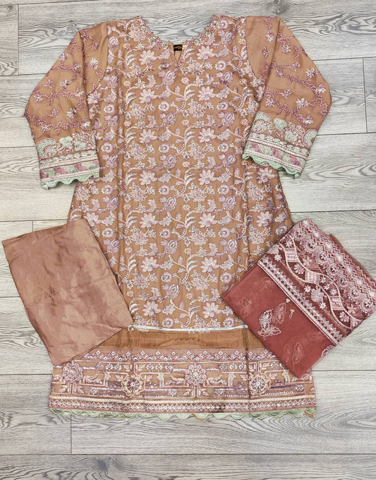 IZK salmon pink and gold colour hand embellished chiffon fabric shalwar kameez with embroidery dupatta in sizes (S to 7XL) womenswear traditional plus size - AdoreByKhwahish