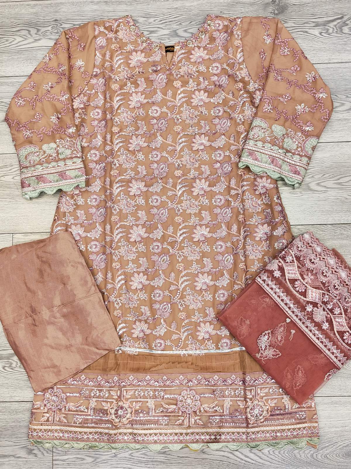 IZK salmon pink and gold colour hand embellished chiffon fabric shalwar kameez with embroidery dupatta in sizes (S to 7XL) womenswear traditional plus size - AdoreByKhwahish