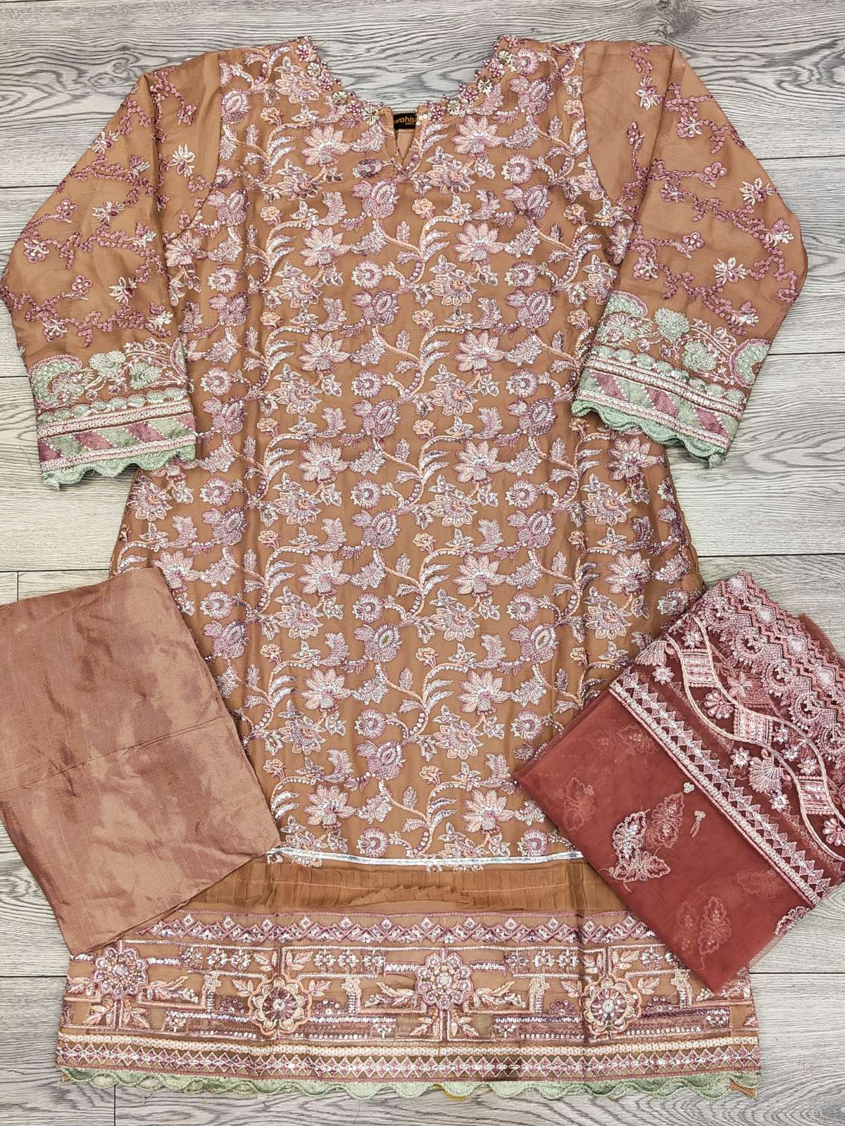 IZK salmon pink and gold colour hand embellished chiffon fabric shalwar kameez with embroidery dupatta in sizes (S to 7XL) womenswear traditional plus size - AdoreByKhwahish
