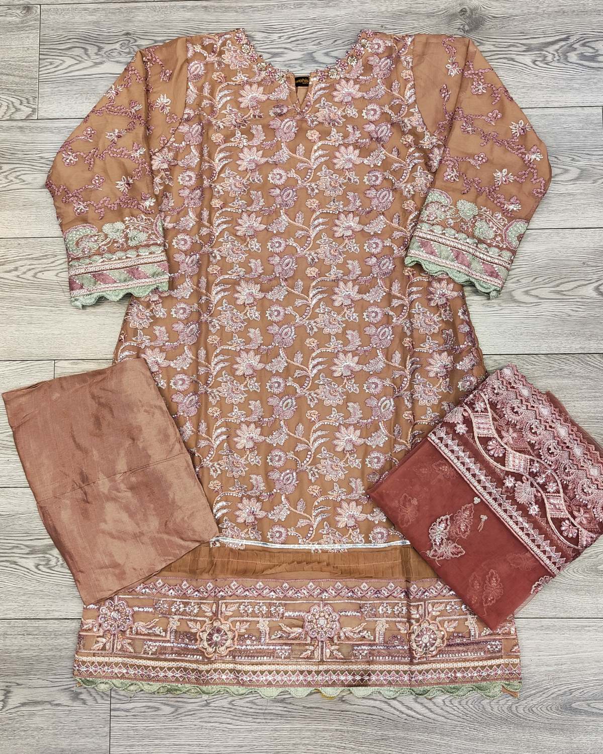 IZK salmon pink and gold colour hand embellished chiffon fabric shalwar kameez with embroidery dupatta in sizes (S to 7XL) womenswear traditional plus size - AdoreByKhwahish