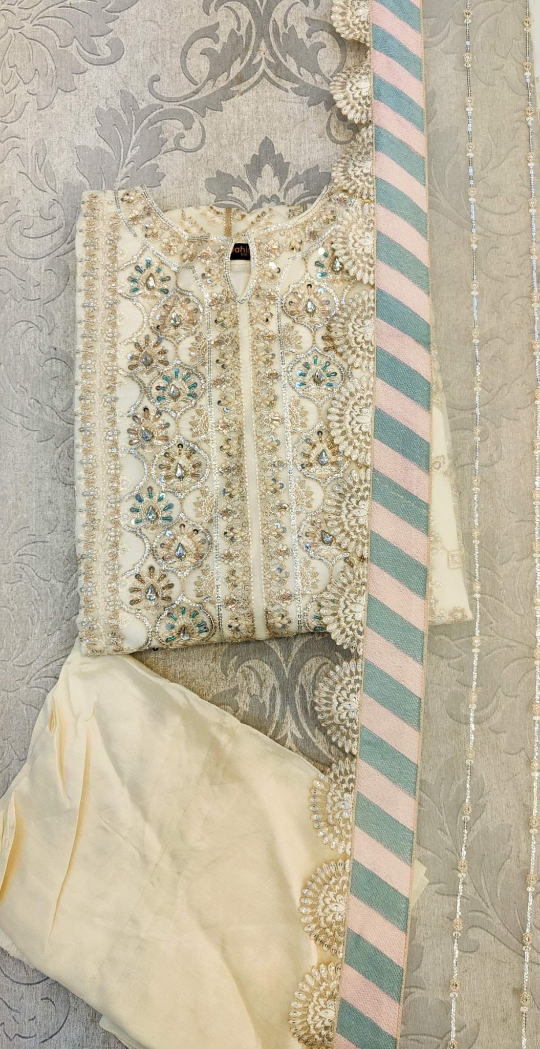 Jasmine off - white hand embroidery shalwar kameez in organza fabric with embroidered dupatta and palazzo (sizes: S to 5XL) womenswear traditional plus size - AdoreByKhwahish