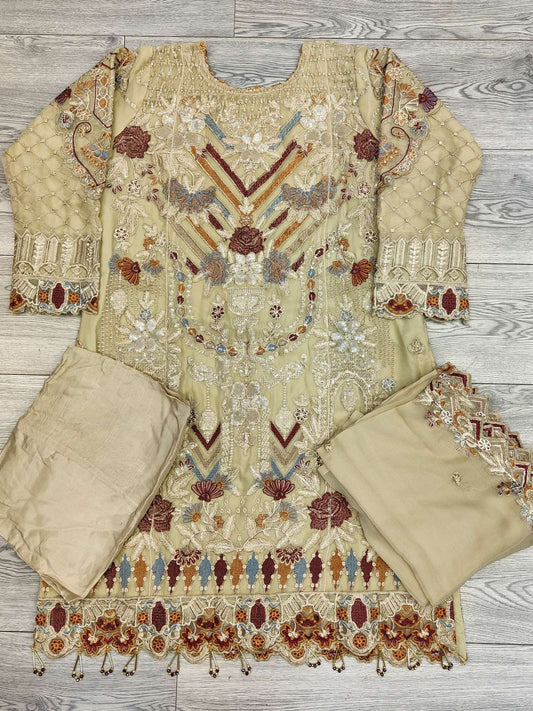 RMS rangoon light beige colour embroidery shalwar kameez in chiffon fabric embroidered dupatta in sizes (S to 6XL) womenswear traditional plus size comfort fashion clothing - AdoreByKhwahish