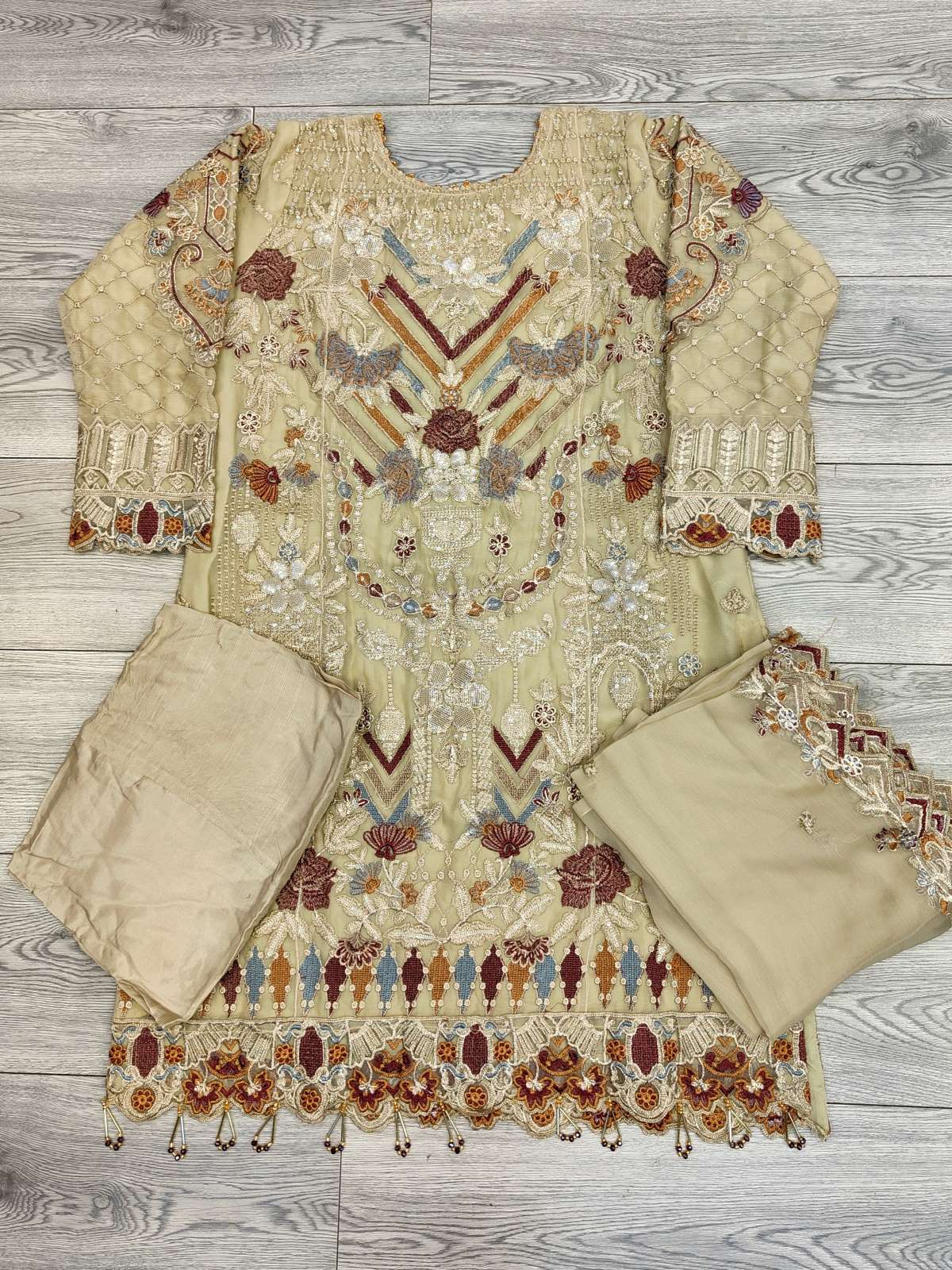 RMS rangoon light beige colour embroidery shalwar kameez in chiffon fabric embroidered dupatta in sizes (S to 6XL) womenswear traditional plus size comfort fashion clothing - AdoreByKhwahish