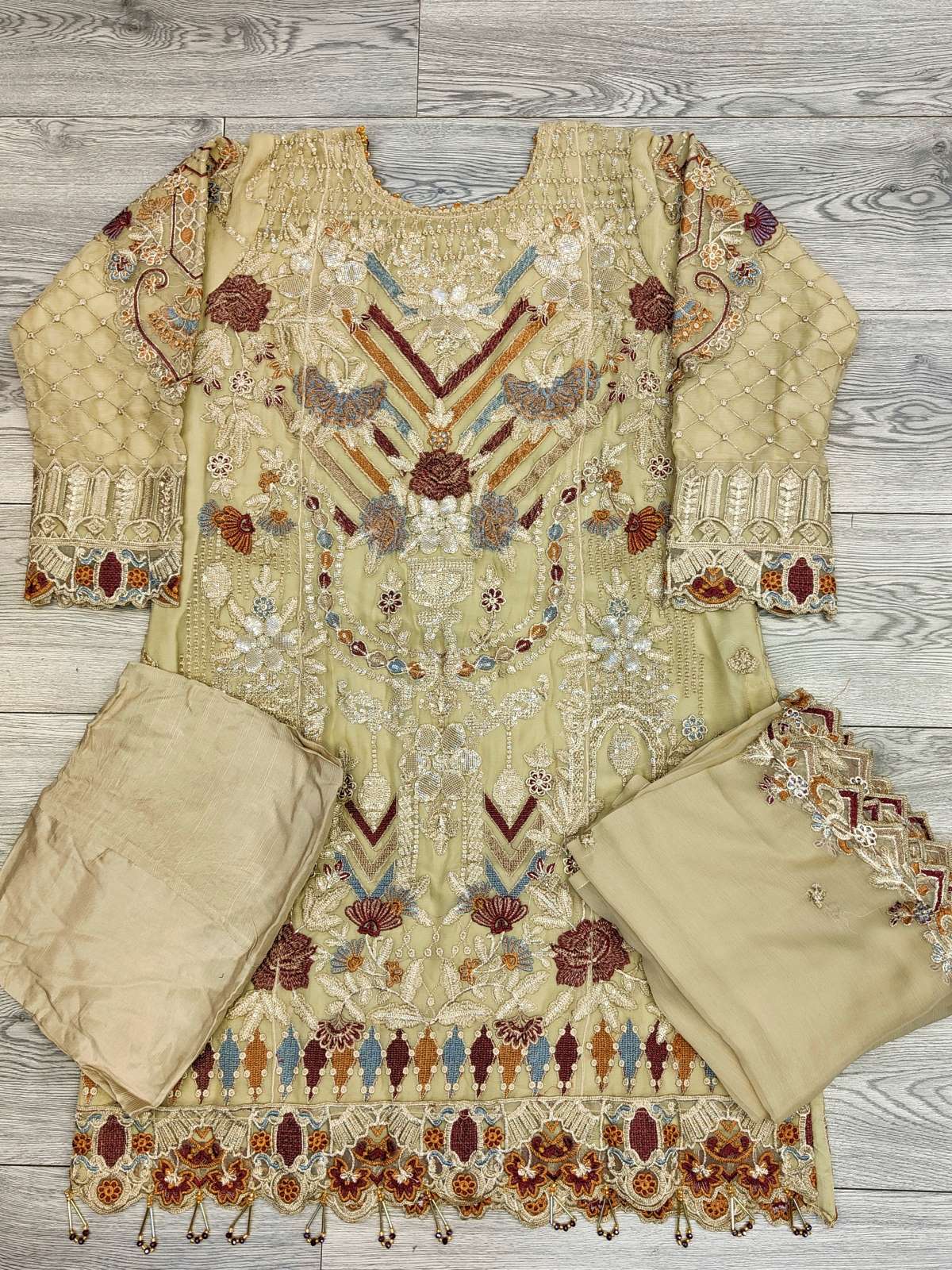 RMS rangoon light beige colour embroidery shalwar kameez in chiffon fabric embroidered dupatta in sizes (S to 6XL) womenswear traditional plus size comfort fashion clothing - AdoreByKhwahish