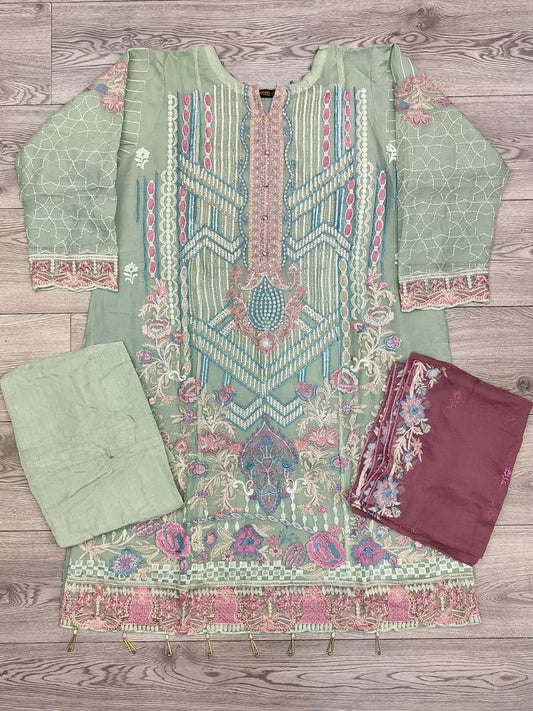 RMS rangoon mint green and pink colour embroidered chiffon fabric shalwar kameez with embroidery dupatta in sizes (2XL to 5XL) womenswear traditional plus size - AdoreByKhwahish