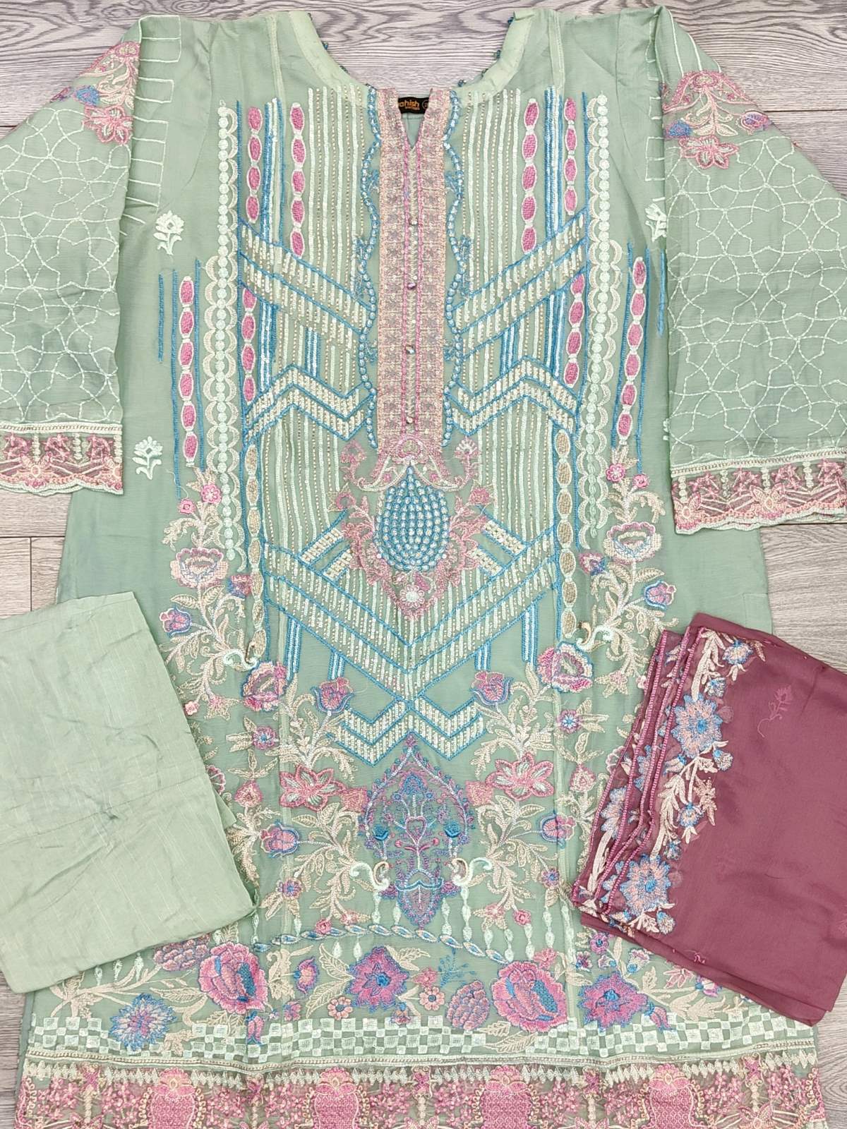 RMS rangoon mint green and pink colour embroidered chiffon fabric shalwar kameez with embroidery dupatta in sizes (2XL to 5XL) womenswear traditional plus size - AdoreByKhwahish