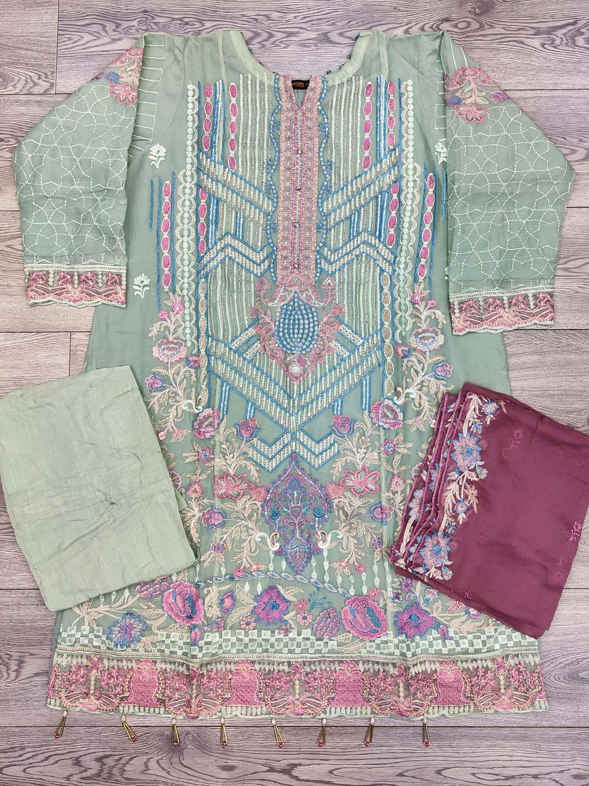 RMS rangoon mint green and pink colour embroidered chiffon fabric shalwar kameez with embroidery dupatta in sizes (2XL to 5XL) womenswear traditional plus size - AdoreByKhwahish