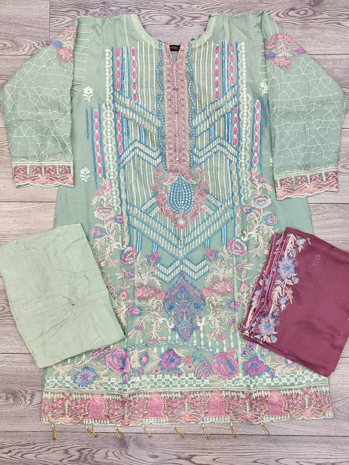 RMS rangoon mint green and pink colour embroidered chiffon fabric shalwar kameez with embroidery dupatta in sizes (2XL to 5XL) womenswear traditional plus size - AdoreByKhwahish