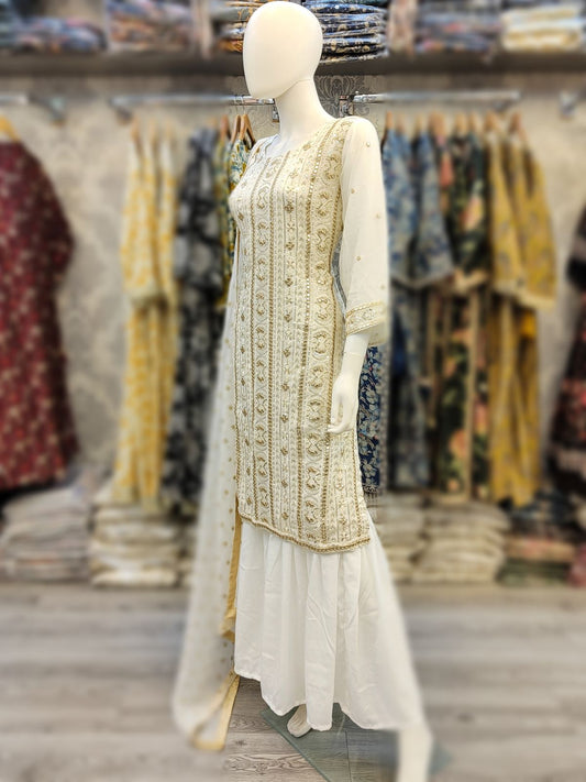 RPB off - white with gold colour sequins zari and foil embellishments chiffon fabric sharara outfit with embroidery chiffon dupatta in sizes (S to 3XL) womenswear traditional plus size - AdoreByKhwahish