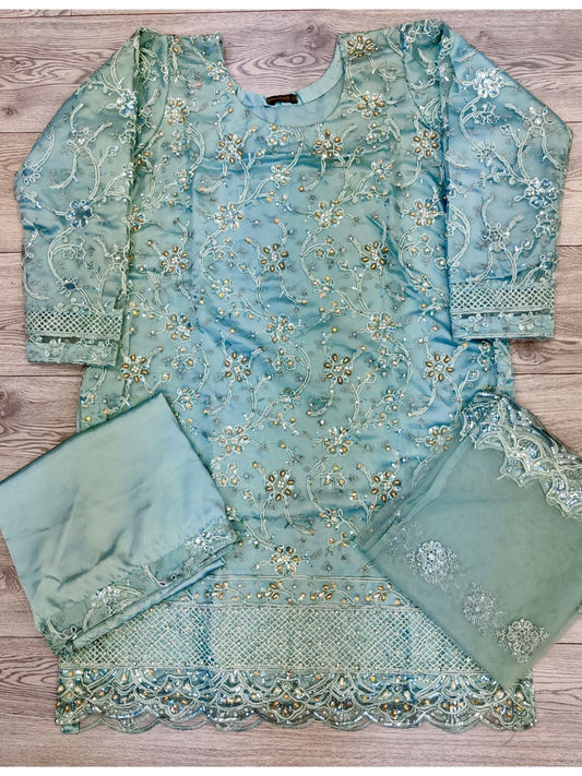 TR Mint Green colour hand embellished palazzo suit kameez in net with silk palazzo trousers in sizes (L to 8XL) womenswear traditional fancy party wear plus size