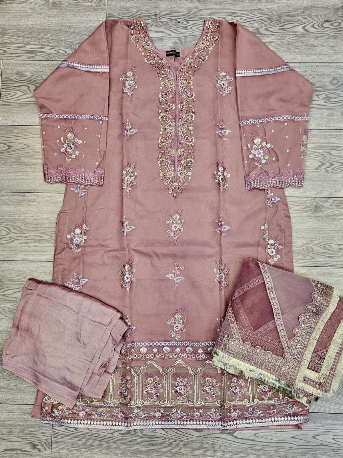 MSQ crystal pearl lilac pink colour hand embellished shalwar kameez in organza fabric with embroidered dupatta in sizes [L to 8XL] womenswear traditional fancy party wear plus size - gorgeous fit