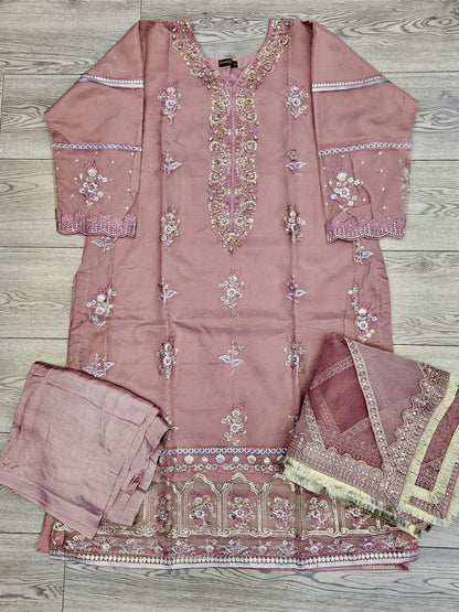 MSQ crystal pearl lilac pink colour hand embellished shalwar kameez in organza fabric with embroidered dupatta in sizes [L to 8XL] womenswear traditional fancy party wear plus size - gorgeous fit