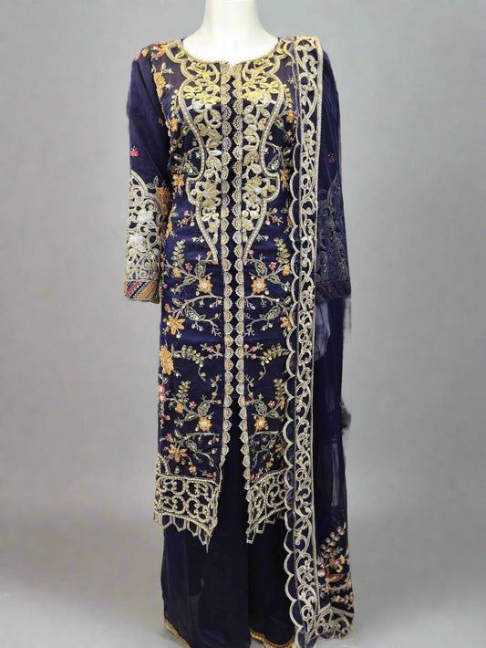 MB navy blue colour hand embellished with pearlwork and cutwork front open sharara suit in organza fabric - Sizes M to 8XL - Womenswear traditional wedding dress, gorgeous, fit