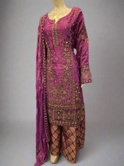 Light purple hand embroidered palazzo suit in chiffon fabric - Sizes M to 7XL - Womenswear traditional fancy party wedding wear, gorgeous, fit
