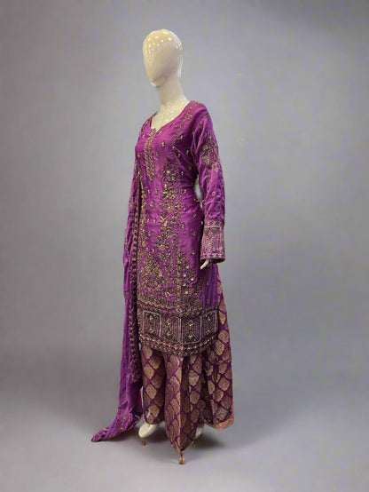 Light purple hand embroidered palazzo suit in chiffon fabric - Sizes M to 7XL - Womenswear traditional fancy party wedding wear, gorgeous, fit