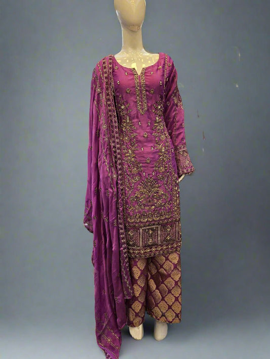 Light purple hand embroidered palazzo suit in chiffon fabric - Sizes M to 7XL - Womenswear traditional fancy party wedding wear, gorgeous, fit