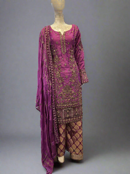 Light purple hand embroidered palazzo suit in chiffon fabric - Sizes M to 7XL - Womenswear traditional fancy party wedding wear, gorgeous, fit