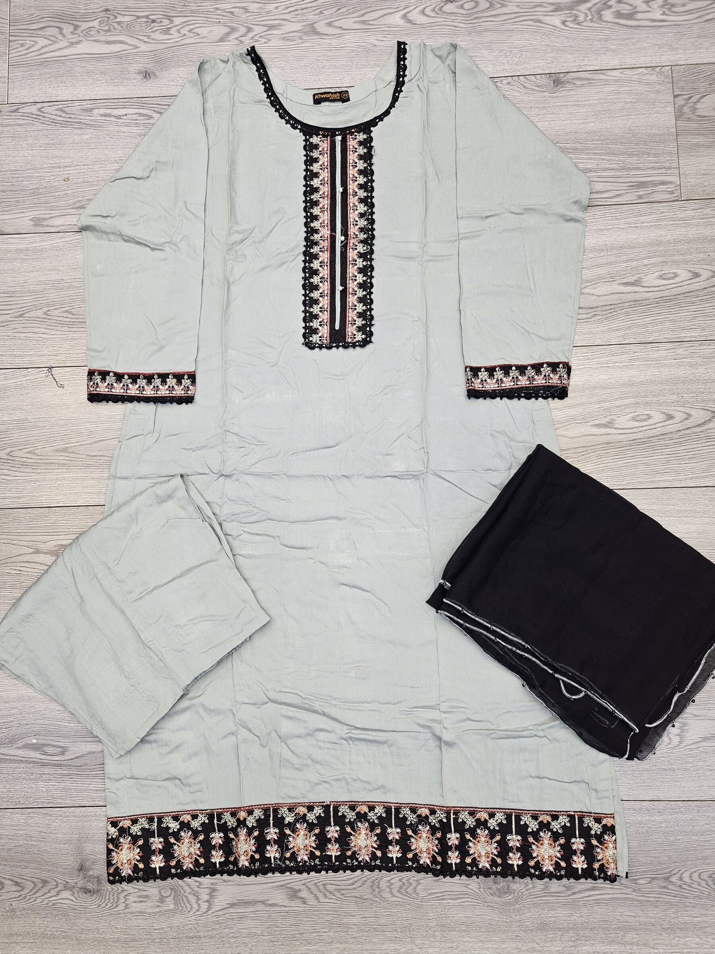 Pigeon blue colour linen fabric shalwar kameez with embroidery on neck