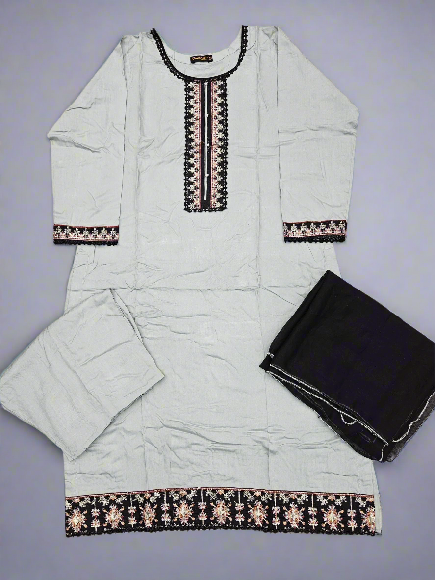Pigeon blue colour linen fabric shalwar kameez with embroidery on neck