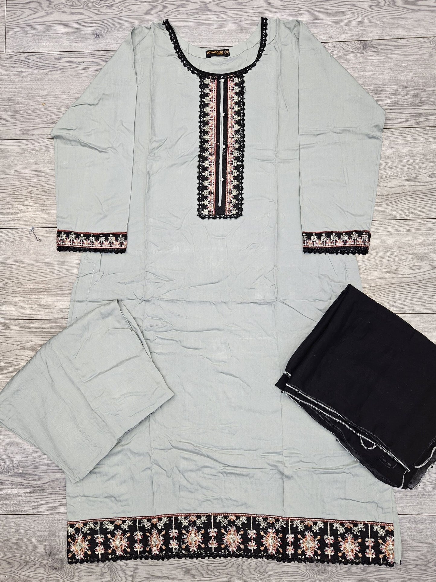 Pigeon blue colour linen fabric shalwar kameez with embroidery on neck