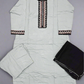 Pigeon blue colour linen fabric shalwar kameez with embroidery on neck