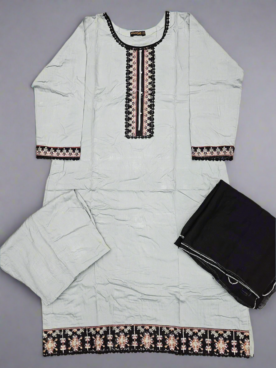 Pigeon blue colour linen fabric shalwar kameez with embroidery on neck