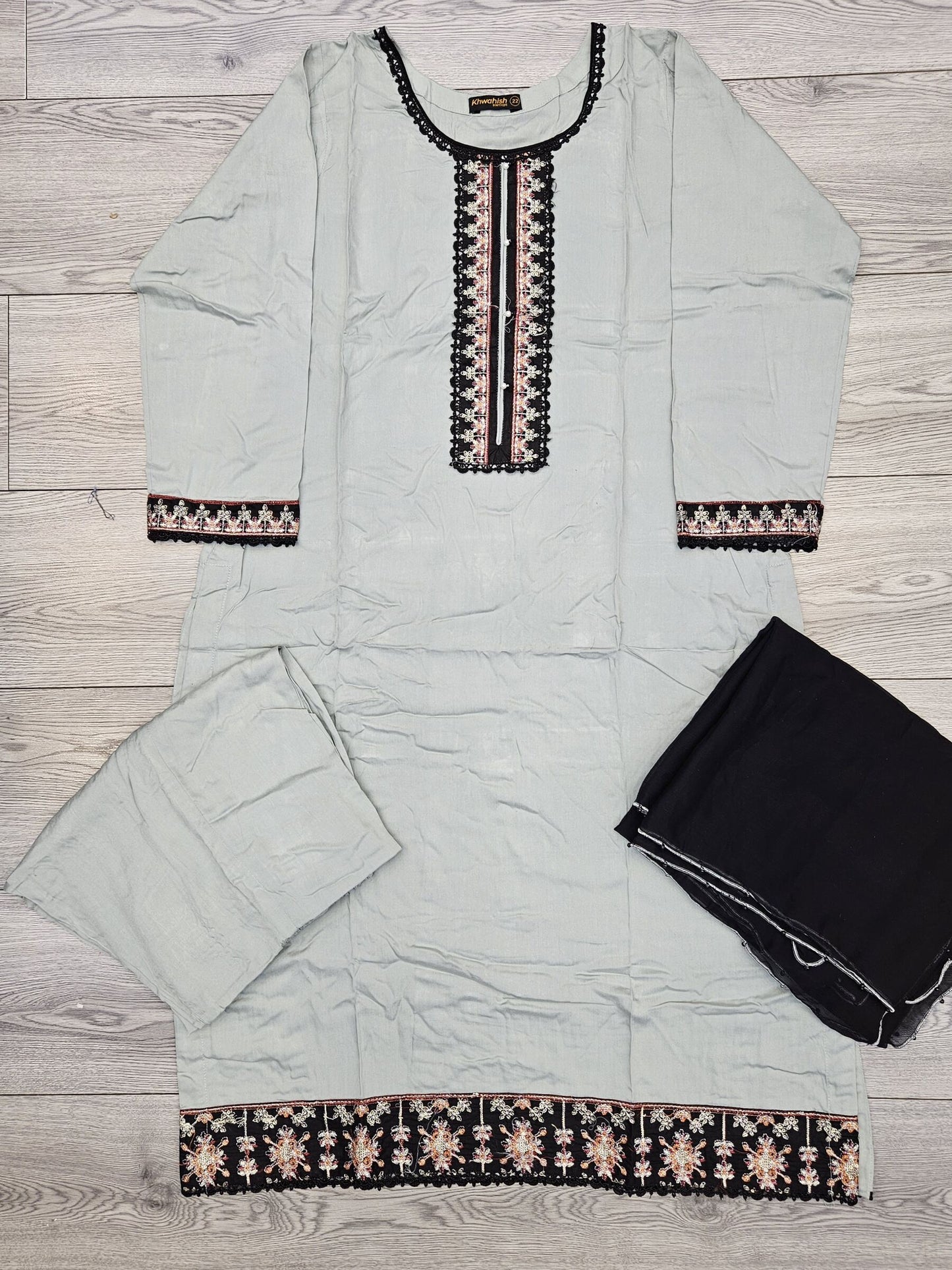 Pigeon blue colour linen fabric shalwar kameez with embroidery on neck