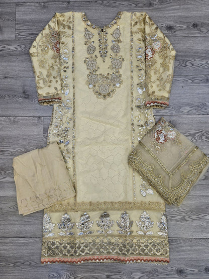 MB D5 pastel beige colour embroidered neck with hand embellishment sharara suit -Sizes M to 8XL - Womenswear traditional plus size fancy partywear wedding clothes, gorgeous fit